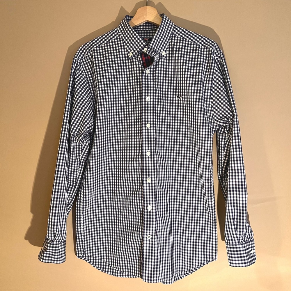 Vineyard Vines Mens Classic Fit Whale Shirt Navy Gingham Placket Trim Medium